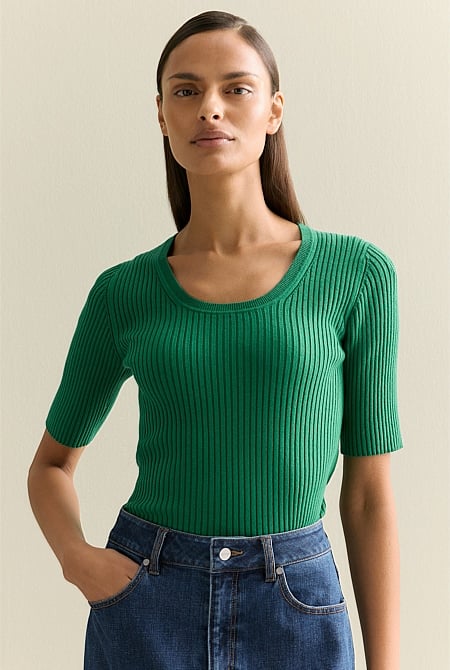 Cotton Cashmere Blend Rib Knit T-shirt