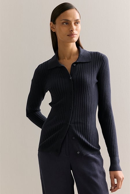 Cotton Cashmere Blend Long Sleeved Knit Shirt