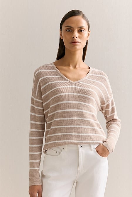 Cotton Linen Striped V Neck Knit