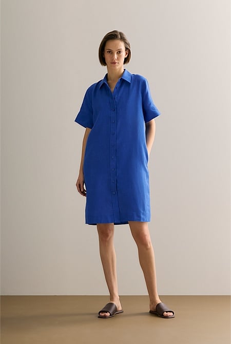 Linen Button Through Short Sleeve Shift Dress