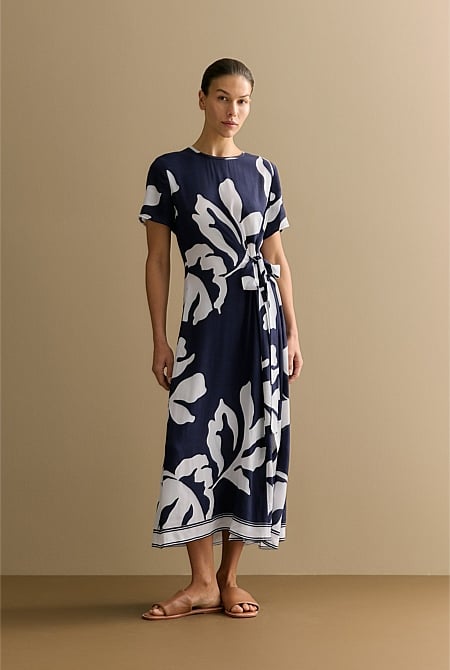 Palm Gathered Tie Waist Dress