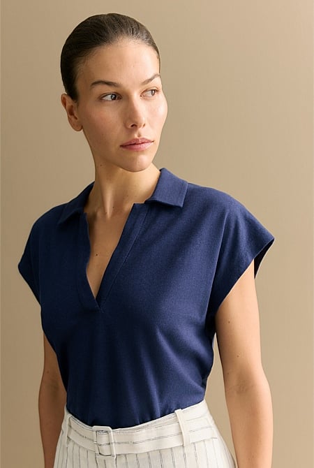 Linen Cotton V Neck Polo