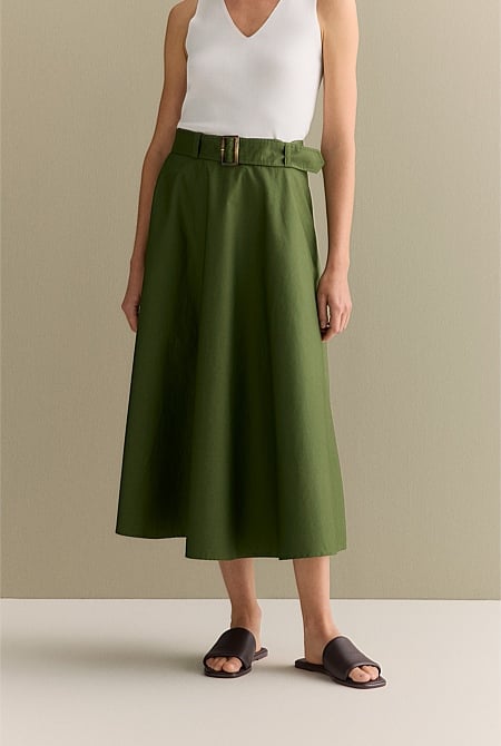 Cotton Sateen Belted Midi Skirt