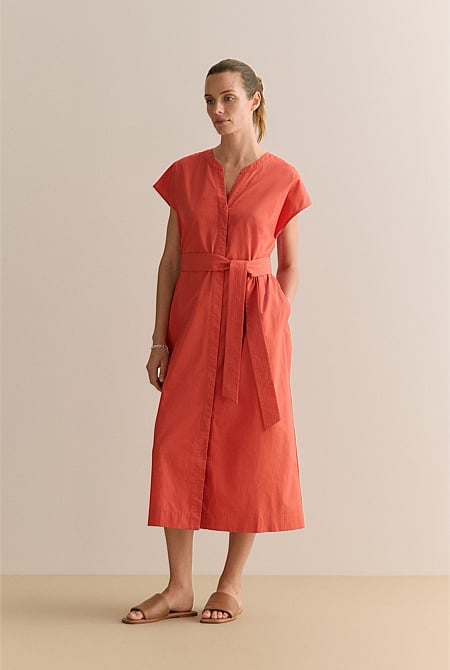 Cotton Poplin Cap Sleeve Belted Dress