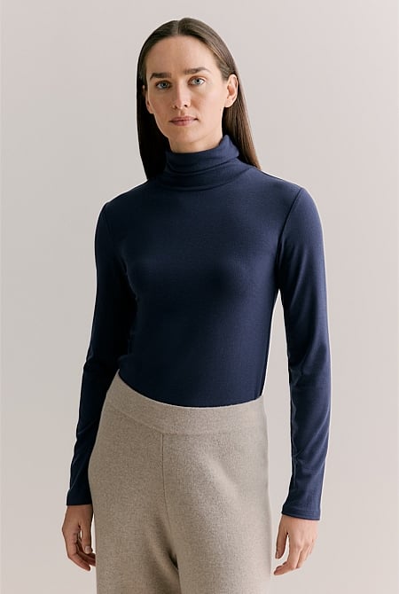 Tencel Wool Fine Rib Roll Neck
