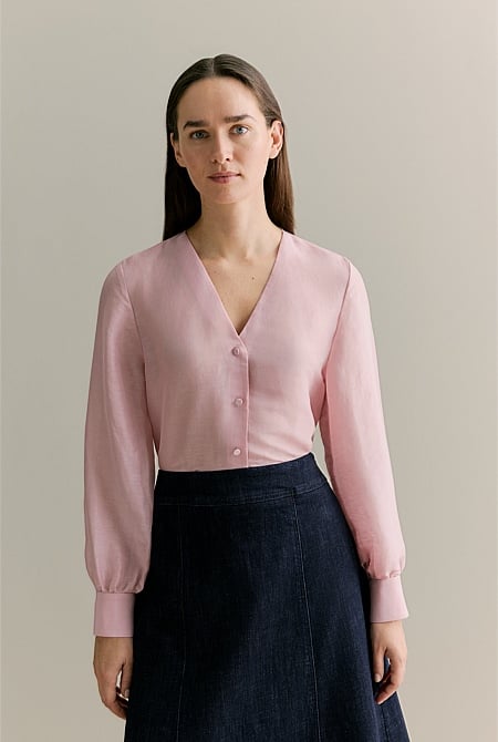 Linen Silk V Neck Blouse