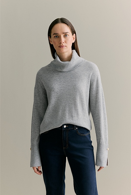 Wool Blend Button Detail Relaxed Rollneck