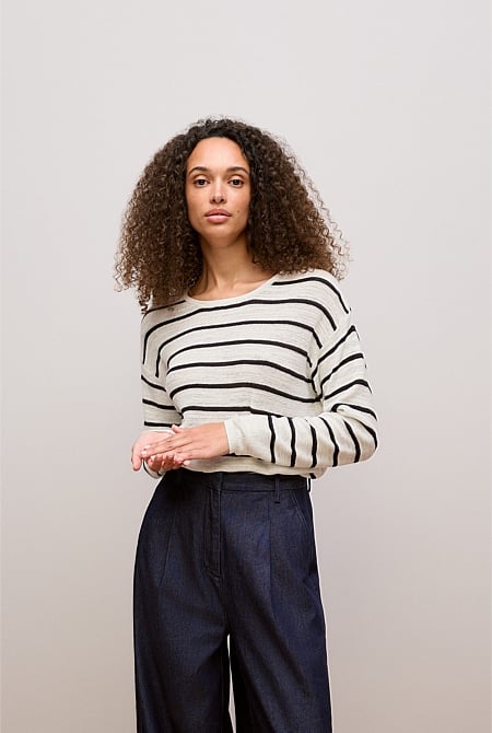 Cotton Linen Stripe Crew Knit