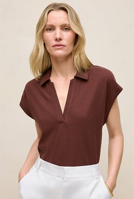 Linen Cotton Relaxed Cap Sleeve Polo