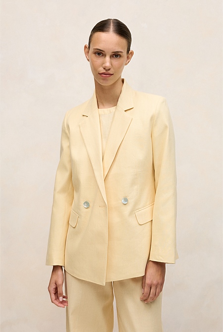 Linen Cotton Herringbone Double Breasted Blazer