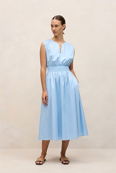 Cotton Sateen Shirred Waist Dress