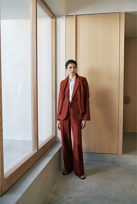 Linen Twill Pintucked Wide Leg Pant