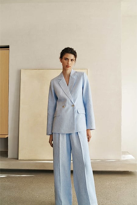 Yarn Dyed Linen Double Breasted Blazer