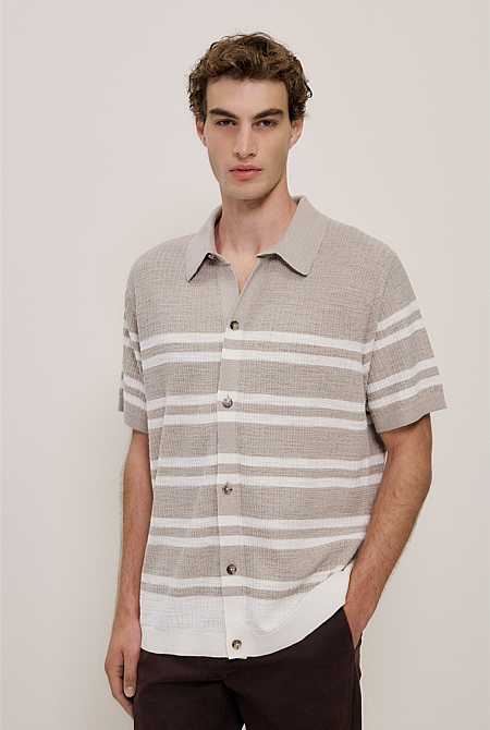 Cotton Linen Stripe Knit Shirt