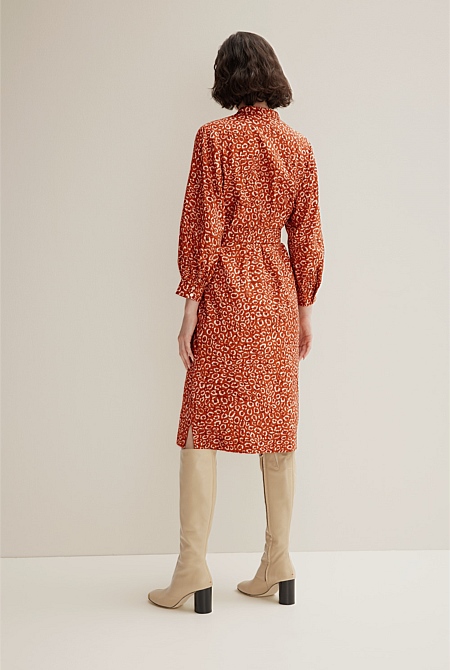 Burnt Orange Ocelot Lantern Sleeve Midi Dress - WOMEN Dresses | Trenery