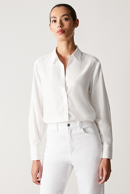 White Cotton Modal Twill Shirt - WOMEN Shirts | Trenery