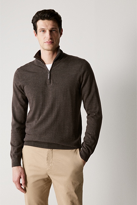 Chocolate Merino Half Zip Knit - MEN Knitwear | Trenery