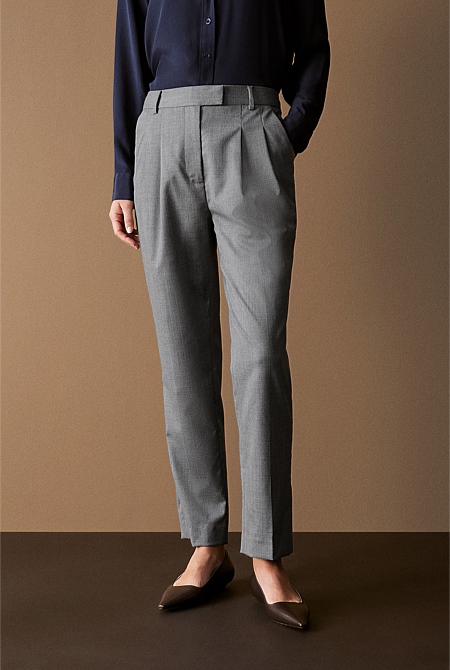 Grey Yarn Dyed Stretch Wool Pleat Front Pant - WOMEN Pants | Trenery