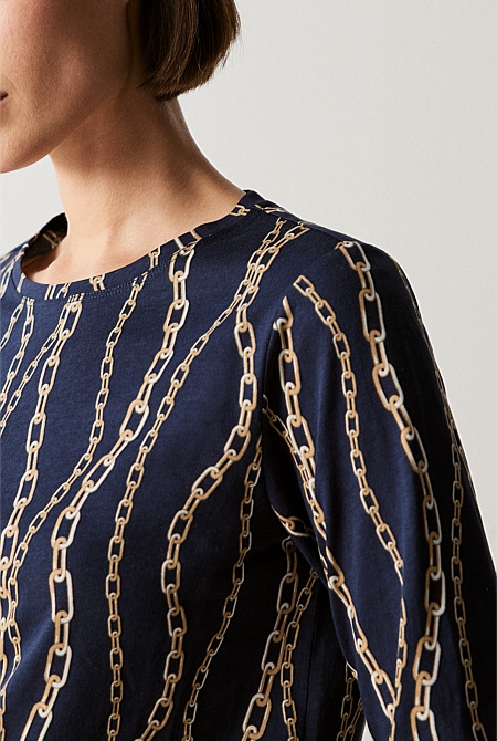 Pima Cotton Chain Print Relaxed Long Sleeved T-shirt