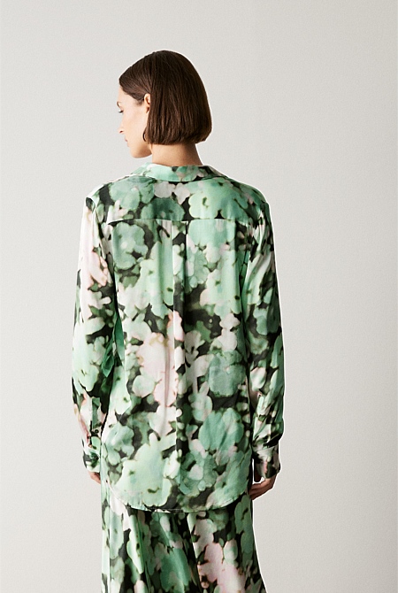 Dark Green Satin Blurred Floral Shirt - WOMEN Shirts | Trenery