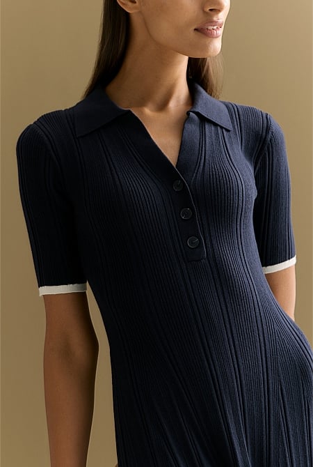 Cotton Cashmere Blend Knit Short Sleeved Polo Dress