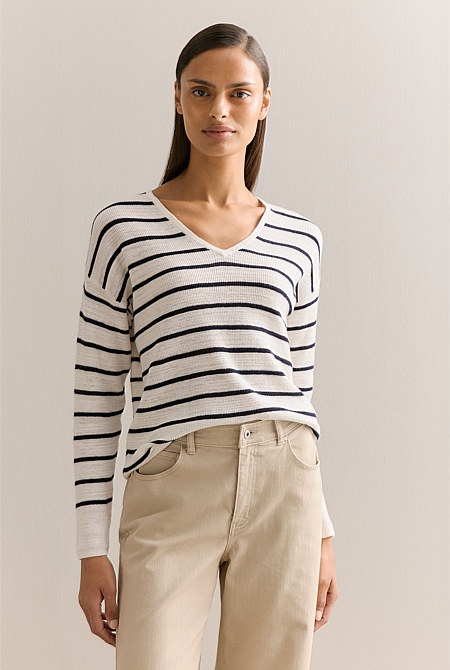 Cotton Linen Striped V Neck Knit