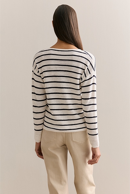 Cotton Linen Striped V Neck Knit