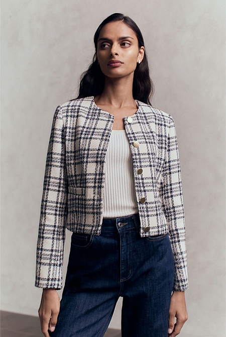 Italian Check Tweed Cropped Jacket