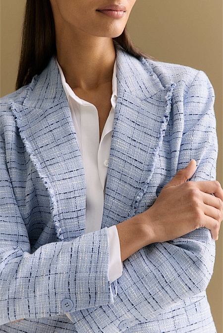 Cotton Blend Check Tweed Fray Double Breasted Blazer