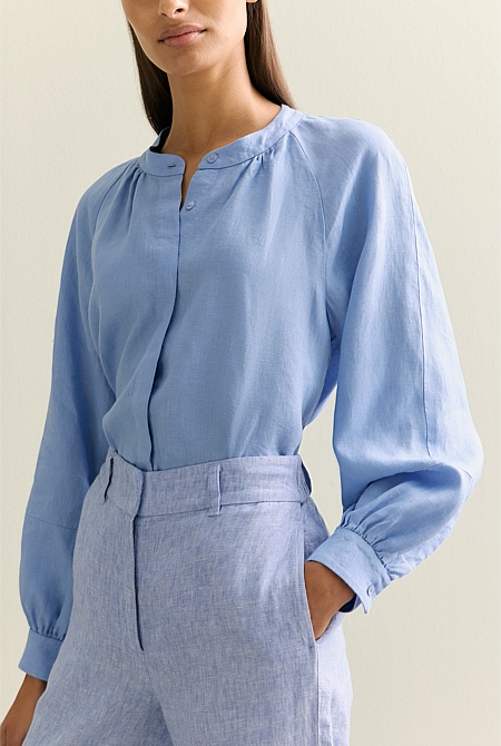 Linen Collarless Blouson Sleeve Blouse