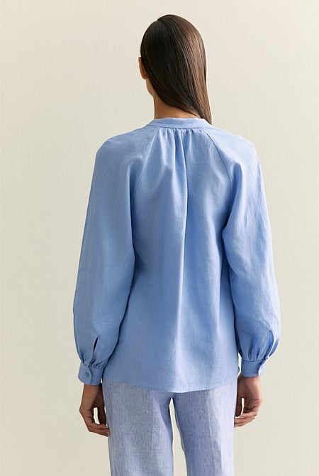 Linen Collarless Blouson Sleeve Blouse