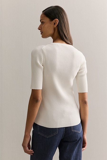 Cotton Cashmere Blend Rib Knit T-shirt