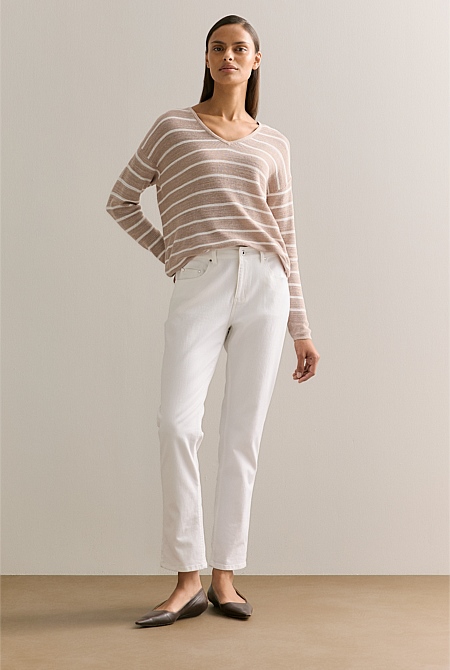 Cotton Linen Striped V Neck Knit