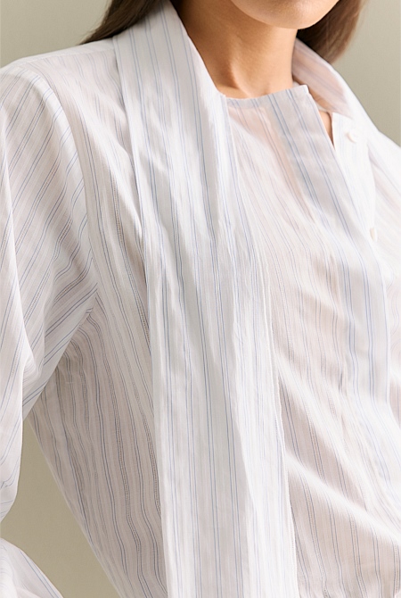 Yarn Dyed Cotton Stripe Tie Neck Shirt