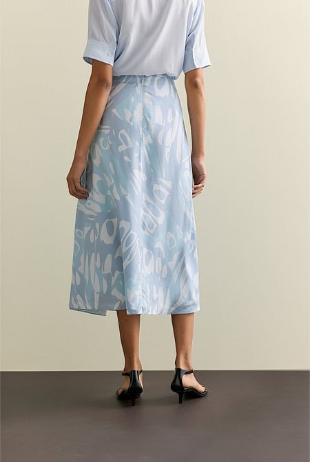 Draped Twill Butterfly Print Pleat Detail Skirt