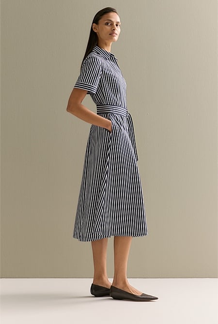 Cotton Poplin Stripe Print Shirt Dress