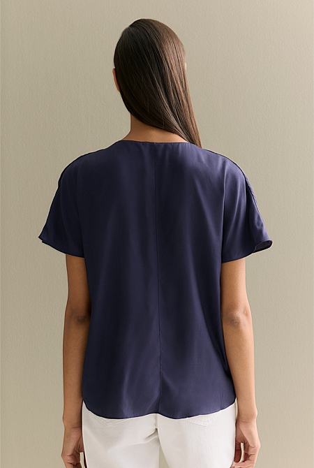 Draped Twill V Neck Top