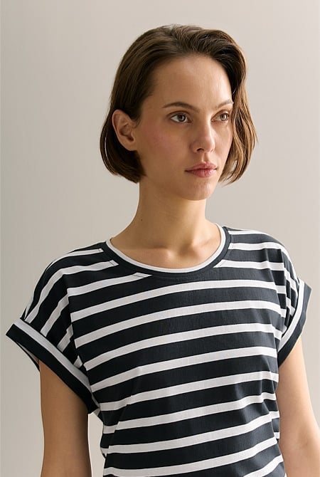 Pima Cotton Stripe Cuff Detail T-shirt