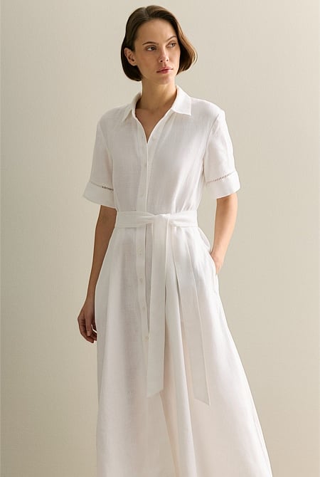 Linen Ladder Stitch Detail Short Sleeve Dress