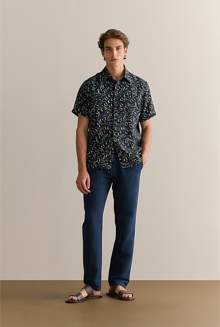 Regular Fit Linen Wave Print Short Sleeve Shirt