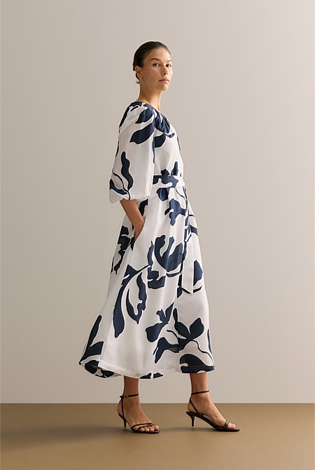 Palm Blouson Sleeve Tie Waist Dress