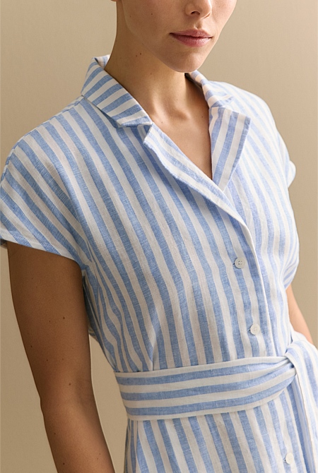 Linen Bengal Stripe Cap Sleeve Shirt Dress