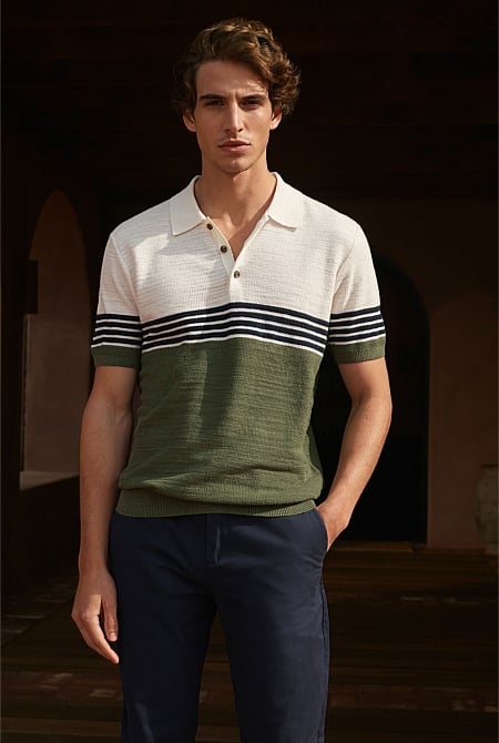 Cotton Linen Textured Colourblock Stripe Polo