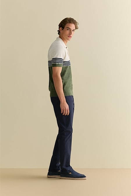 Cotton Linen Textured Colourblock Stripe Polo