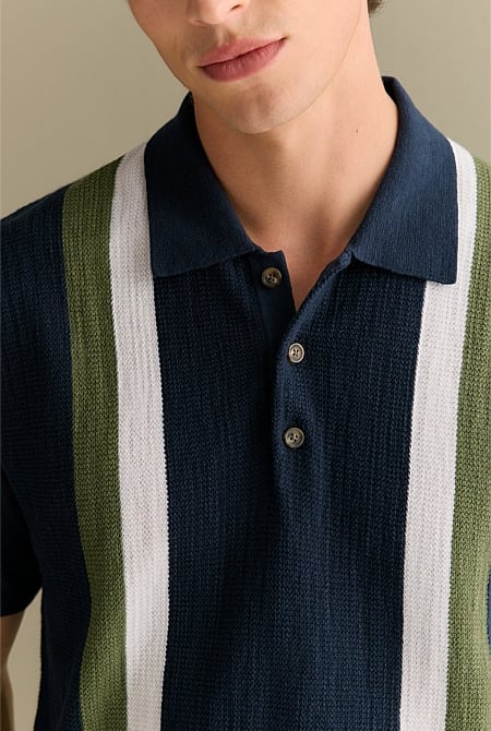 Cotton Linen Textured Stripe Polo