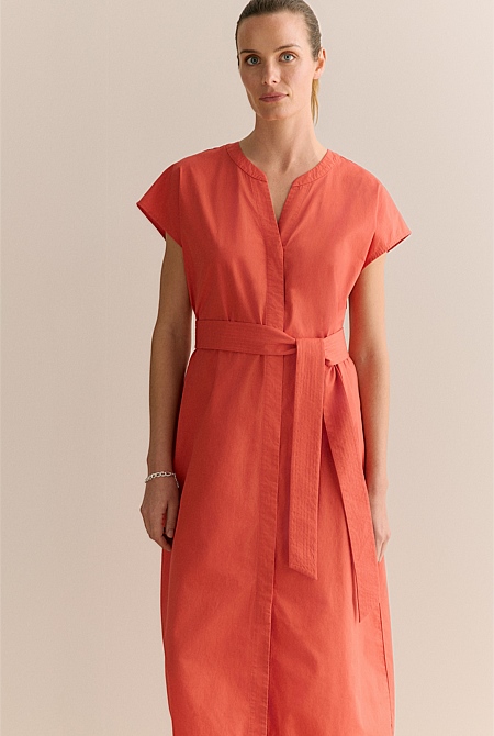 Cotton Poplin Cap Sleeve Belted Dress