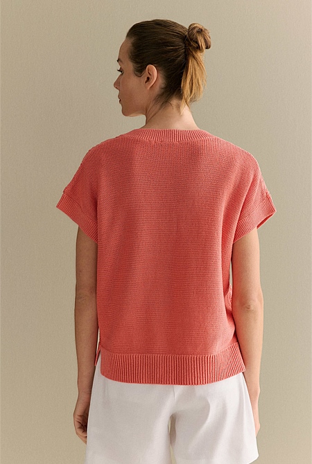 Mercerised Cable Knit Relaxed V Neck Top