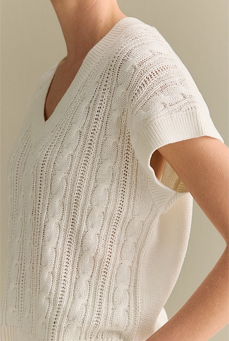 Mercerised Cable Knit Relaxed V Neck Top