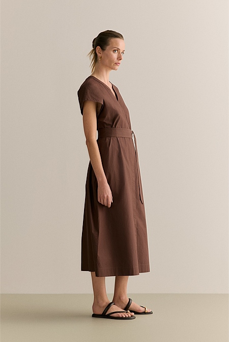 Cotton Poplin Cap Sleeve Belted Dress