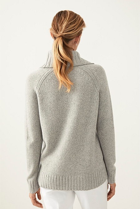 Light Grey Melange Cashmere Roll Neck Women Knitwear Trenery